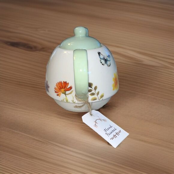 Floral Miniture Teapot Hand Painted Cream And Light Green Butterly Flowers 4.5" - Picture 2 of 9